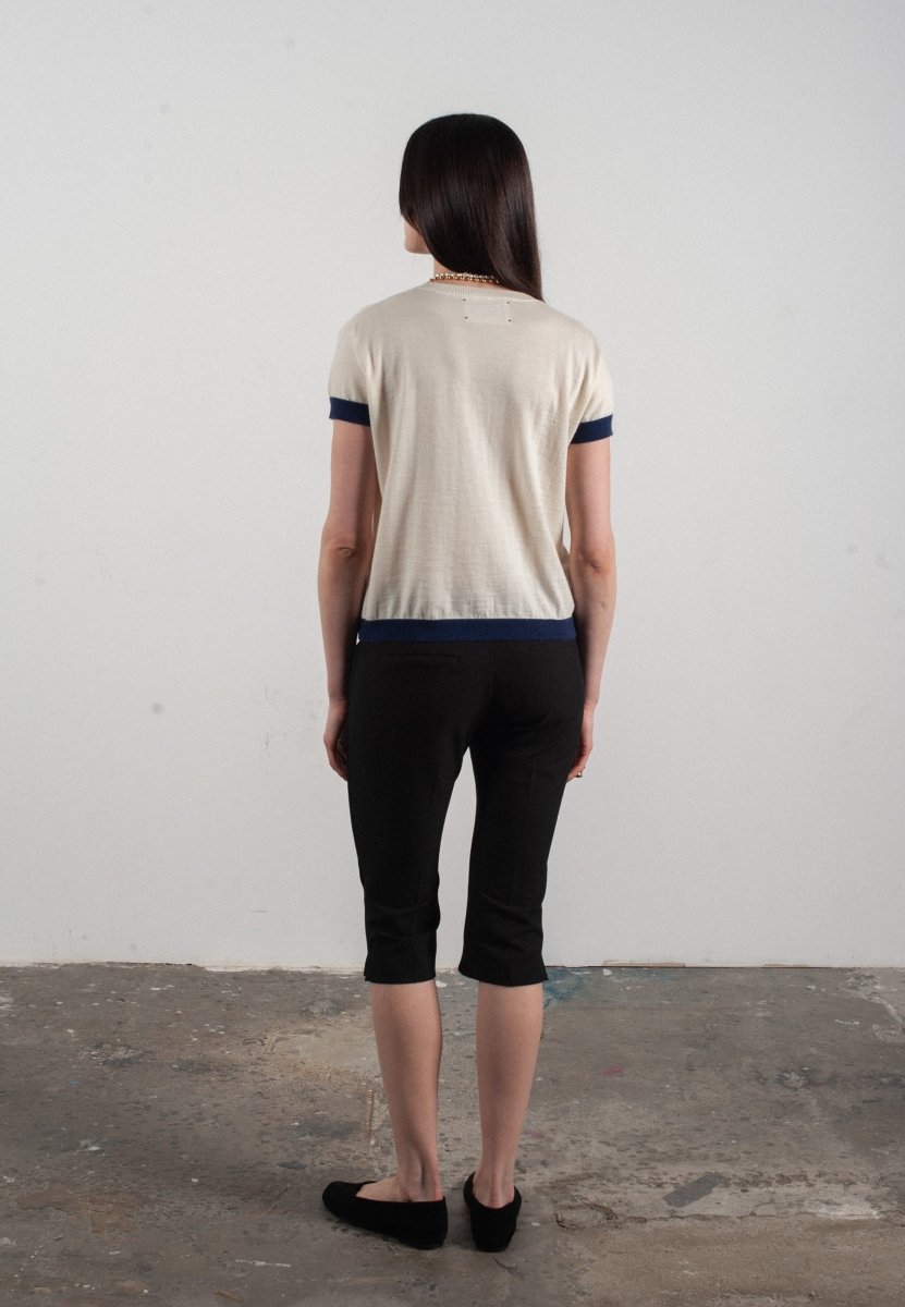 T shirt col rond manches courtes femme en cachemire & laine ultrafin blanc & bleu marine - KELLY 1