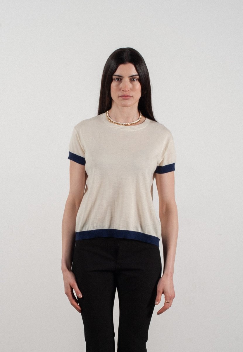 T shirt col rond manches courtes femme en cachemire & laine ultrafin blanc & bleu marine - KELLY 1