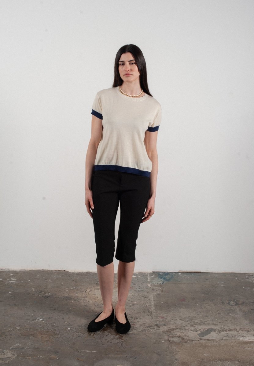 T shirt col rond manches courtes femme en cachemire & laine ultrafin blanc & bleu marine - KELLY 1