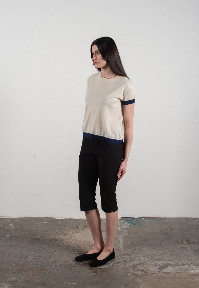 T shirt col rond manches courtes femme en cachemire & laine ultrafin blanc & bleu marine - KELLY 1
