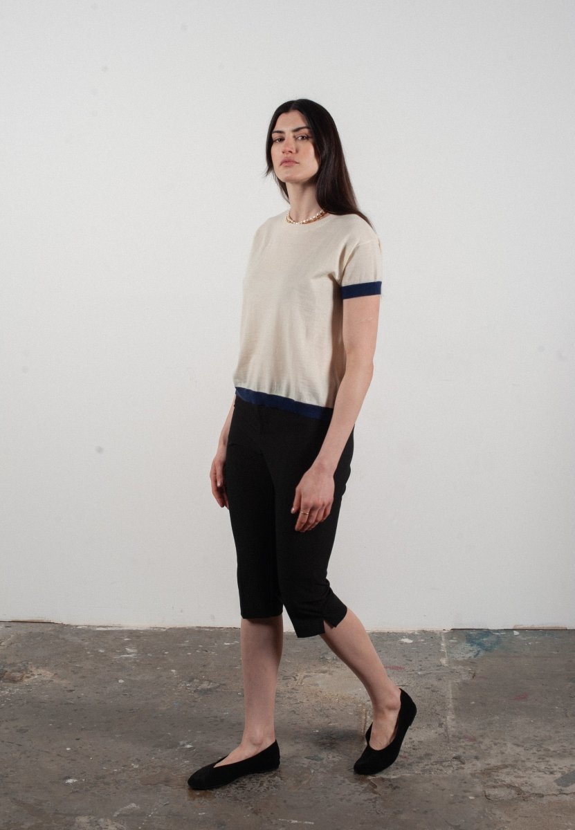 T shirt col rond manches courtes femme en cachemire & laine ultrafin blanc & bleu marine - KELLY 1